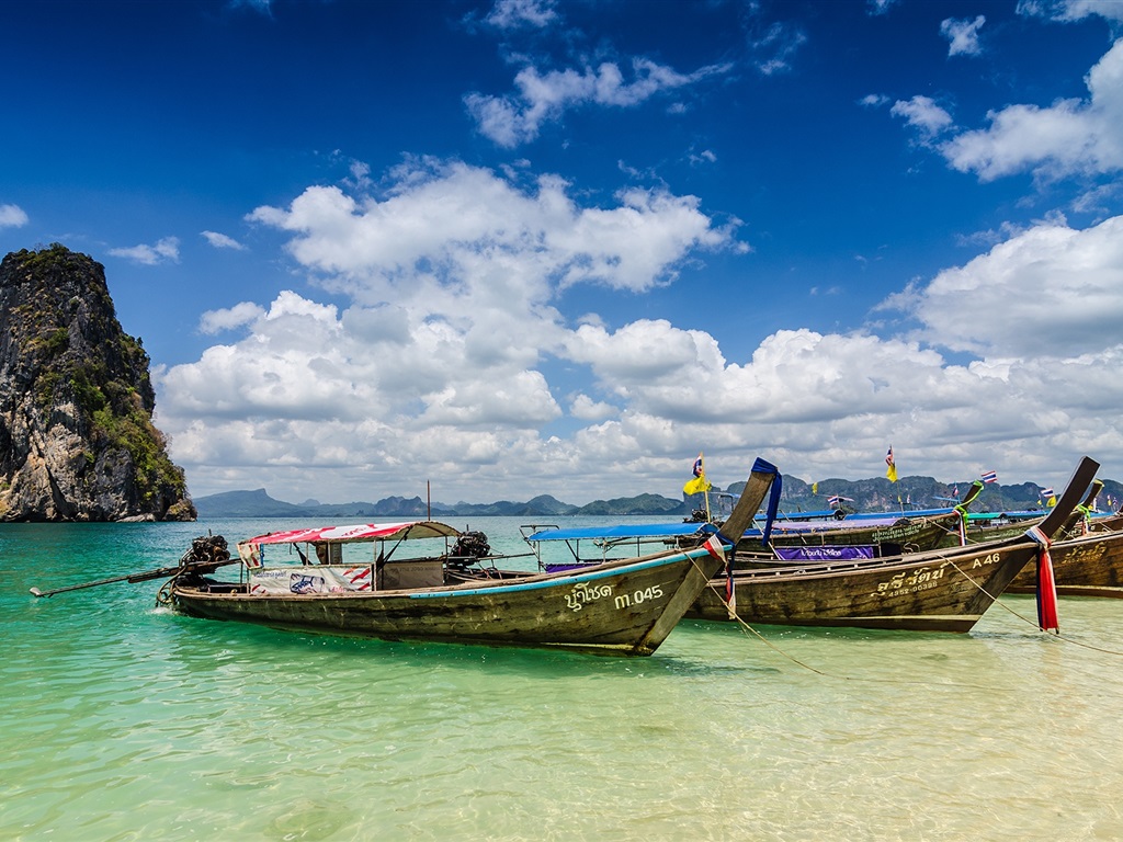 Krabi Thailand ocean coast boats summer clouds 1024x768